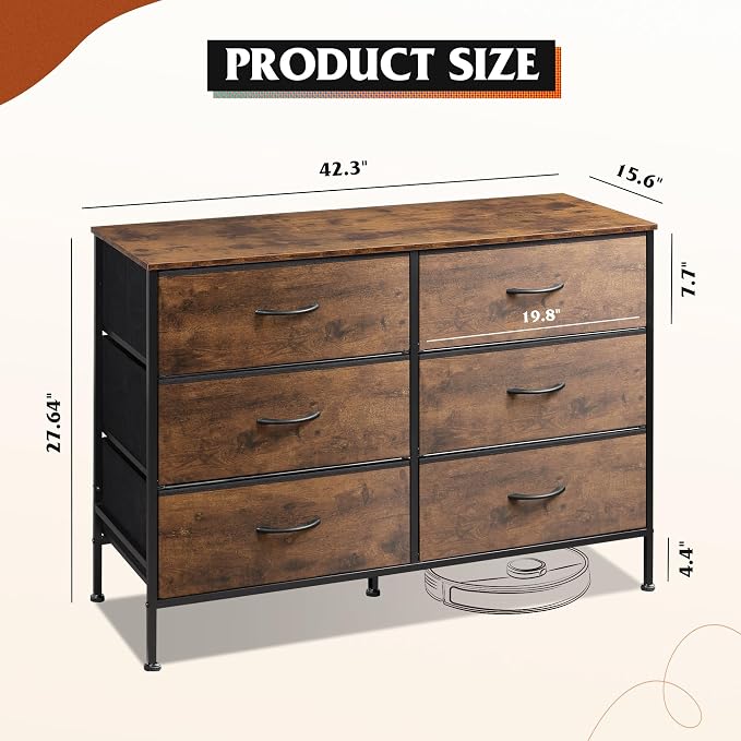 WLIVE Dresser for Bedroom with 6 Drawers, Wide Dresser TV Stand for 50 Inches TV, with Fabric Drawers, Metal Frame, Wooden Top, Storage Dressers for Bedroom, Hallway, Entryway, Rustic Brown - Image 3