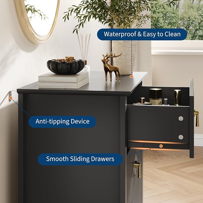 GarveeHome Wood Nightstand Fluted Dresser for Bedroom, 27.5" Wide 3-Drawer Bedside Tables, Modern Chest of Drawers, Storage End Table Living Room, Hallway, Entryway, Black - Image 4