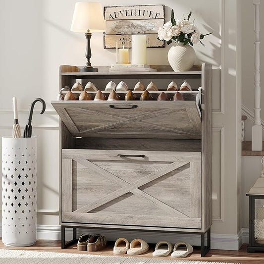 Maupvit Shoe Cabinet with 2 Flip Drawers, Freestanding Shoe Cabinet Organizer with Metal Legs, Shoes Storage Cabinet for Entryway, Narrow Shoe Rack Cabinet, Washed Gray by MaupvitFurniture