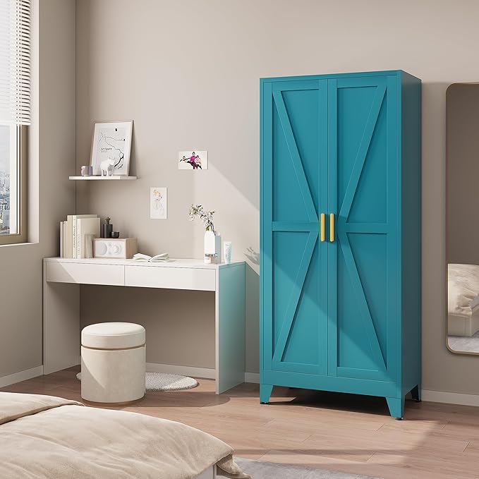71" Tall Metal Armoire Wardrobe Closet, Clothing Storage Cabinet, Freestanding Wardrobe Cabinet with 2 Adjustable Shelves for Bedroom, Office, Garage