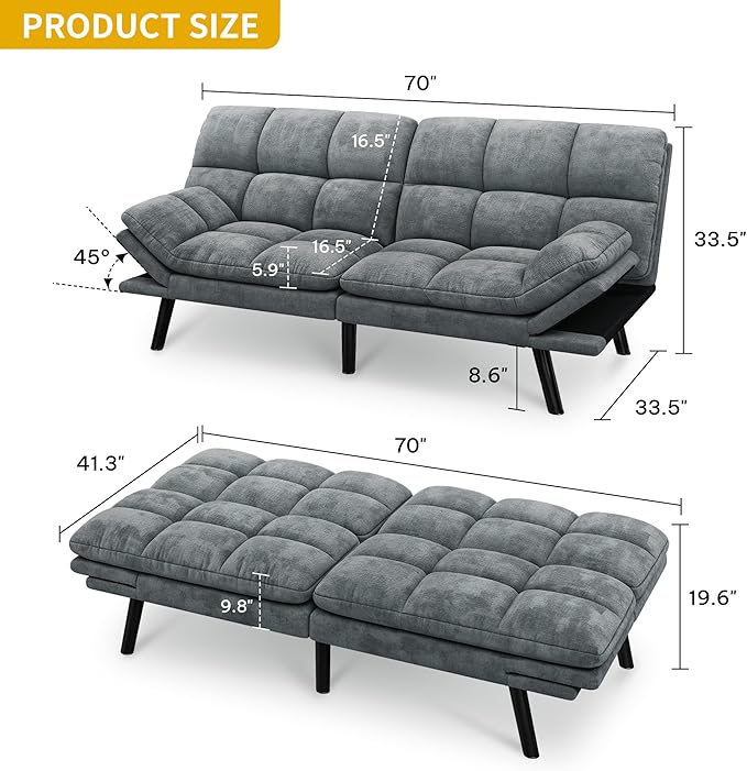 DWVO 70" Convertible Futon Sofa Bed, Folding Futon Set for Living Room Home Office Aprtment, Modern Futon Couch with Adjustable Backrest & Armrests, Recliner Lounge, Loveseat Sofa