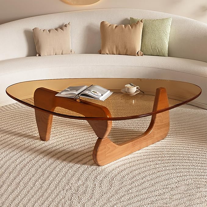 Modern Glass Coffee Table - Large Unique Wooden Center Table with Triangle Design, Rustic Vintage for Small Spaces - Walnut Brown