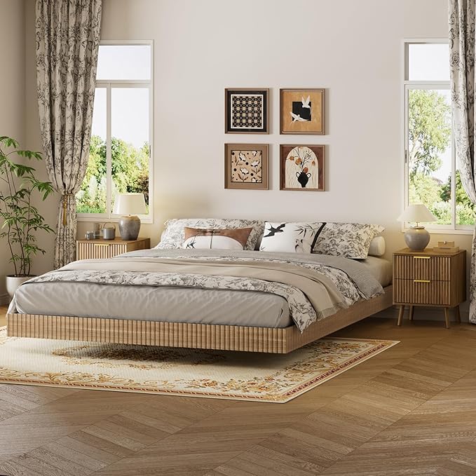 LYNSOM 3 Pieces King Bedroom Set, Floating Bed Frame with Smart LED Lights & Nightstand Set of 2, Fluted Bedroom Furniture Set for Home, Bedroom, Walnut