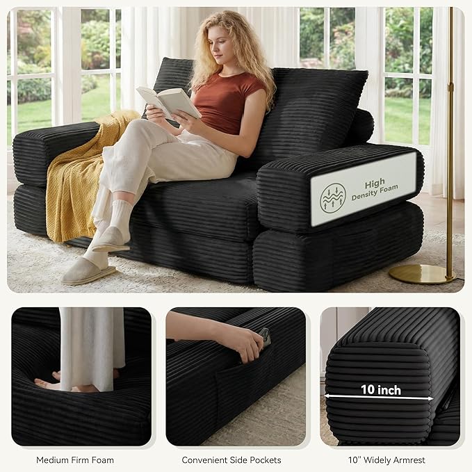 4-in-1 Convertible Folding Sofa Bed, 76 Inch Queen Size Foldable Sleeper Sofa Bed, Wide Corduroy Upholstery, Boneless Mattress Couch with Armrests & Neck Pillow for Living/Bedroom - Black