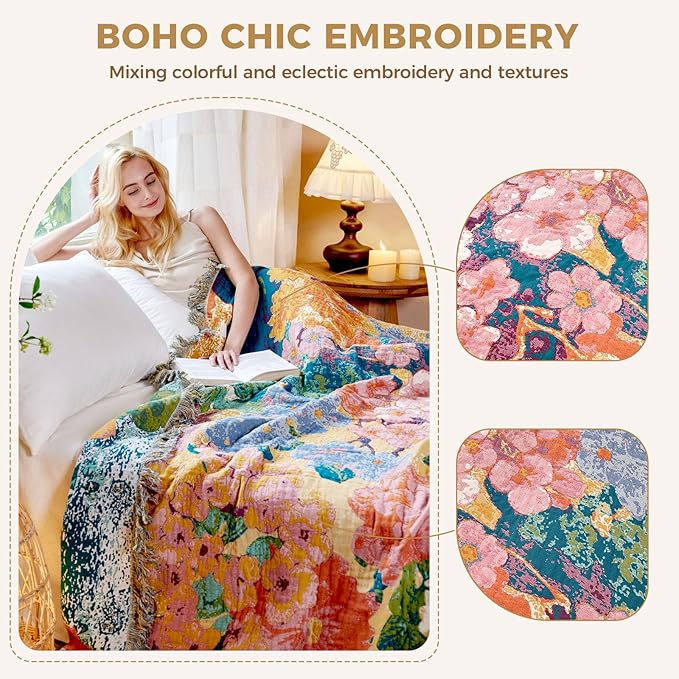 LUTBM Boho Throw Blanket for Bed Cotton Spring Blankets for Bedroom Living Room All Season Lightweight Floral Embroidery Reversible Twin Quilt for Couch Sofa Chair 60"x80" Home Decor