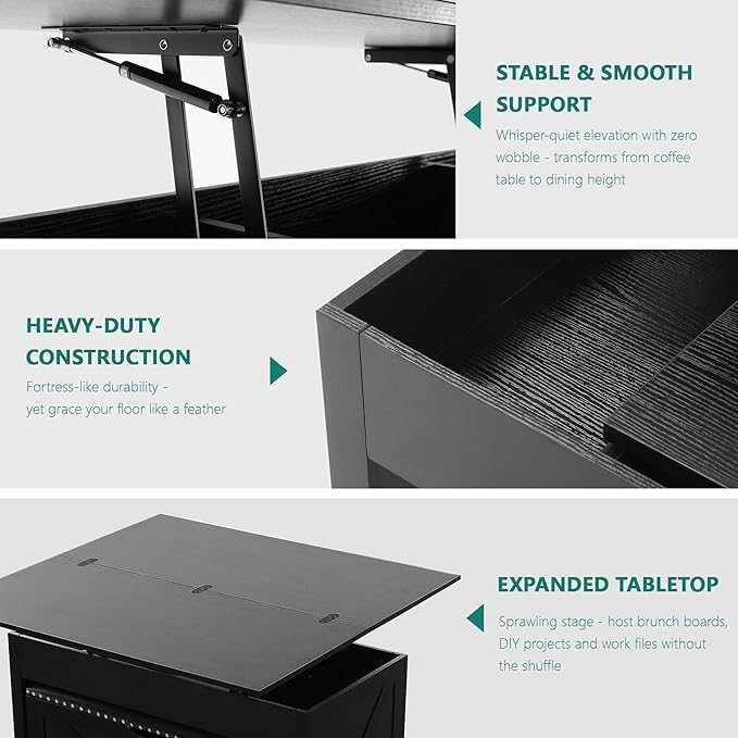 YITAHOME Lift Top Coffee Table Set with Storage Ottoman Bench & Wheels, 4 in 1 Convertible Dinning Center Tables with Hidden Compartment, Farmhouse Coffee Tables for Living Room Furniture, Black