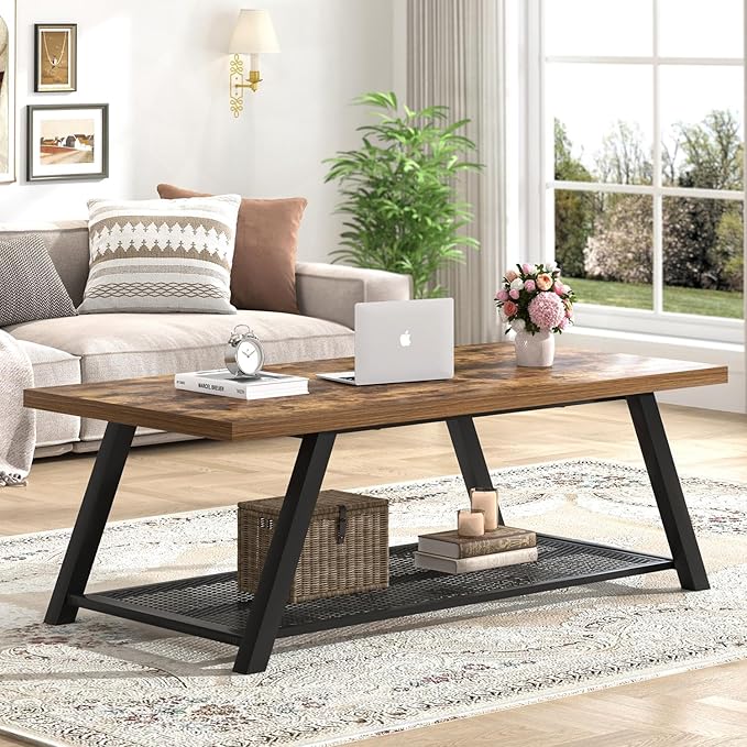 FOLUBAN Modern Coffee Table, Wood and Metal Coffee Tables for Living Room with Storage Shelf, Industrial Rectangle Cocktail Tea Table, Rustic Brown, 47 Inch