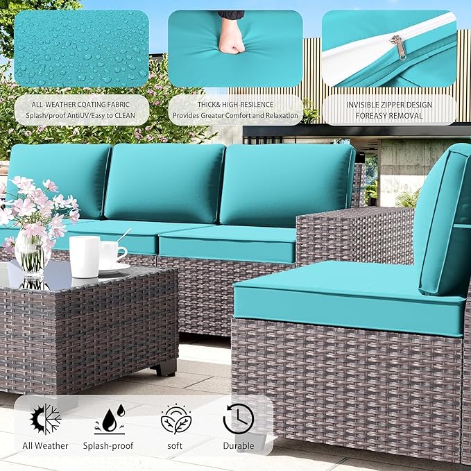 12 PCS Outdoor Patio Furniture Set,Outdoor Sectional Furniture All Weather PE Rattan Wicker Patio Conversation Set with 2 Coffee Tables and 10 Thickened Cushions,Turquoise Blue