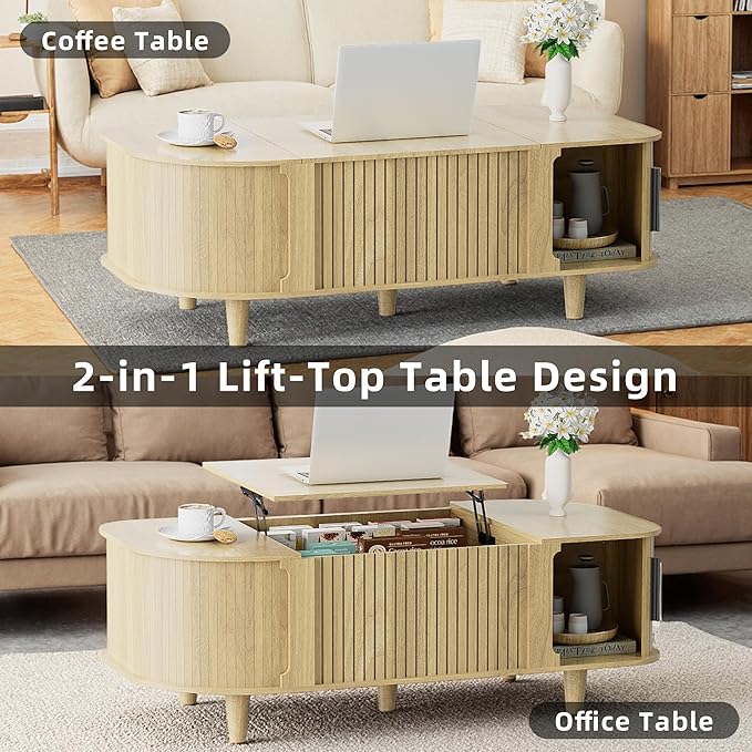 Lift Top Coffee Table, Oval Mid Century Modern Center Table with 3 Hidden Storage, 41" Coffee Tables with Sliding Door and Open Cabinet for Living Room Bedroom Office, Natural Wood