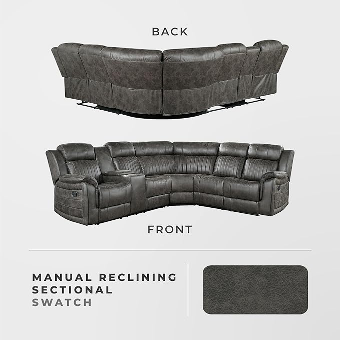 Lexicon Reclining Sectional Couches for Living Room, Modern Sofa, L Shape Sectional Couch with Drop-Down Cup Holders and Storage Arms, Manual Recliner Sectional Sofa, Brownish Gray