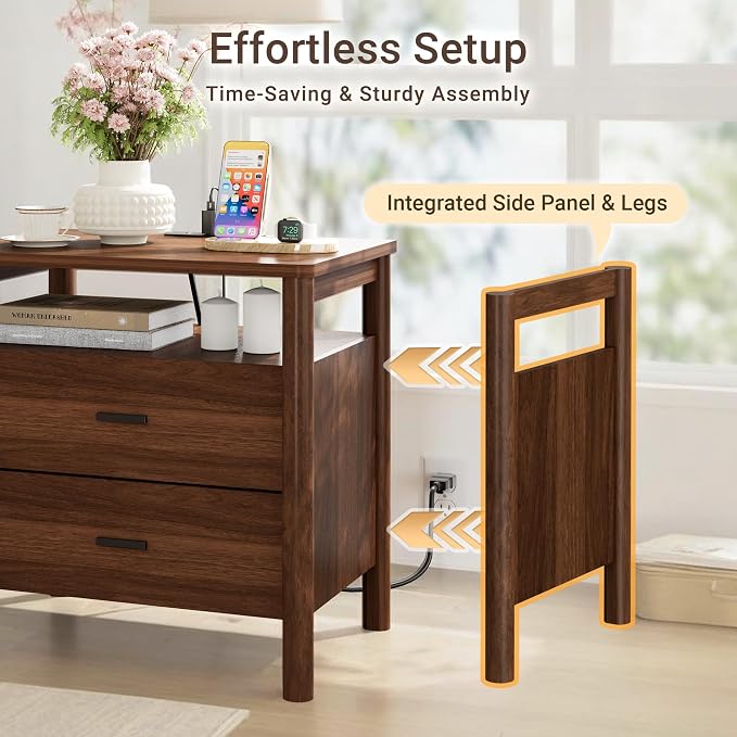 Night Stand Set 2, 20" Wide Nightstands Set of 2, Modern Nightstand with Charging Station, 2 Drawer Wooden End Table with Solid Round Post Legs, Bedside Table w/Storage for Bedroom, Walnut - Image 4
