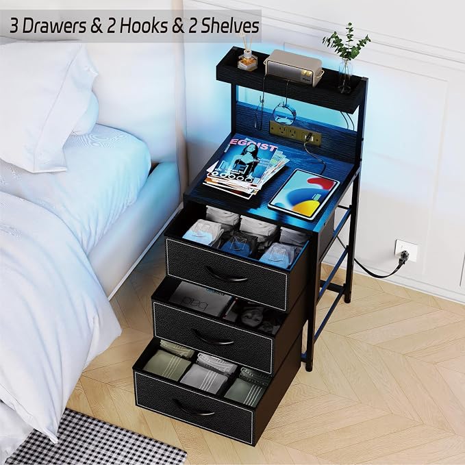 SZLHANJZ LED Nightstand with Charging Station, Night Stand with 3 Drawers and Lights, Storage Side Table with Shelf and Hooks, Tall End Table for Bedside, Bedroom, Modern Black - Image 7