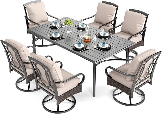 SUNSHINE VALLEY 7 Piece Patio Dining Sets for 6, Outdoor Table and Chairs with Cushioned Wicker Swivel Patio Chairs & Black Dining Table (1.57-1.9”Umbrella Hole), Outdoor Dining Sets for Lawn Backyard - Image 9