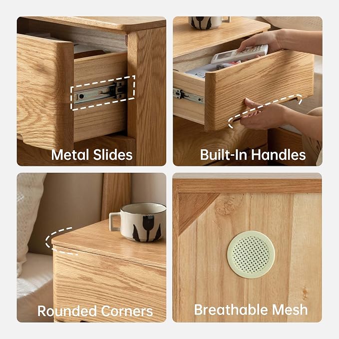 YESWOOD Solid Oak Wood Nightstands, Modern Natural Night Stand, Handleless 3-Drawer Bedside Table, 23'' Tall Nightstands for Bedroom, Large End Table with Storage for Living Room, Curved Profile - Image 5