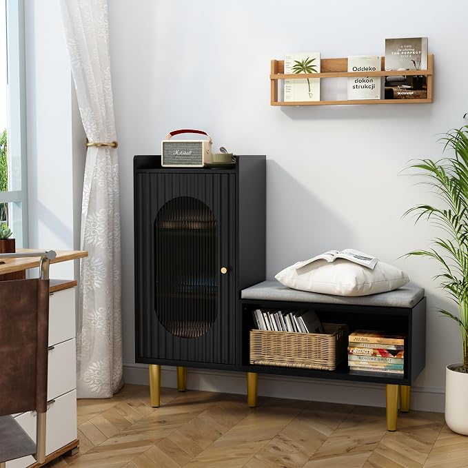 HLR Storage Bench with Glass Door&Shelf, Modern Entryway Shoe Cabinet Bench with Padded Seat, L-Shaped Storage Cabinet for Hallway, Bedroom, Living Room, Office, Black - Image 4