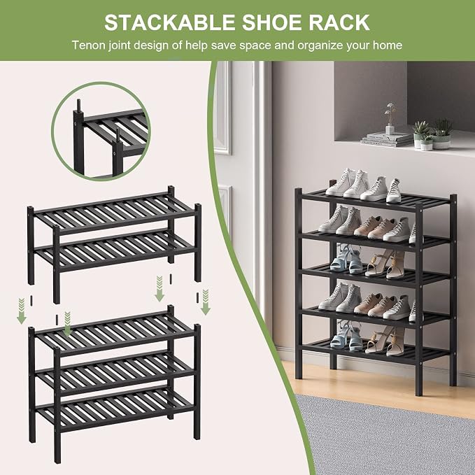 ROMGUAR CRAFT 2 Tier (Thick) Bamboo Shoe Rack for Closet Free Standing Wood Shoe Shelf for Entryway Small Space Stackable 27"x12"x14" (Black) - Image 5