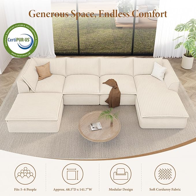 Vesgantti 141.7" U Shaped Sectional Boneless Couch, Modern 6 Seater Modular Sofa with Chaise & Ottoman, Deep Seat Plush Corduroy Cloud Couches for Living Room, No Assembly Required, Beige