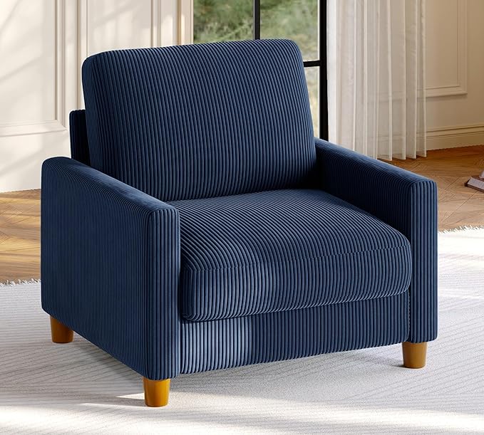 35.3" Couches for Living Room, Comfy Blue Couch Single with 22.5" Deeper Seat, Accent Chair Tool-Free Setup, Reading Chair 440lbs Support, Corduroy Couch for Bedroom, Apartment, Office