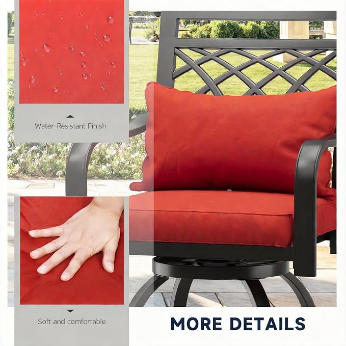 DWVO Metal Outdoor Bar Stools Set of 2, Heavy-Duty Bar Height Outdoor Chairs 352 Lbs Capacity, All-Weather E-Coated Swivel Barstools with Red Cushion & Pillow for Patio Deck Balcony - Image 7