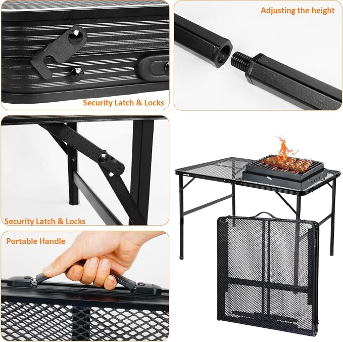 4 ft Folding Table with Metal Mesh Desktop, Grill Table Camping Table with Carry Handle,Adjustable Height (16.5" & 26"), Outdoor Table for Camp, Cooking, BBQ, RV, Picnic,Fits 4–8 People,Black - Image 6