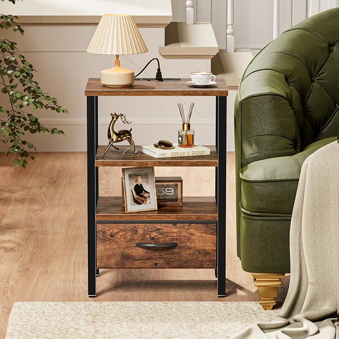 SUPERJARE Nightstand with Charging Station, Bed Side Table with Adjustable Fabric Drawer, Night Stand for Bedroom, 3-Tier Storage End Table, for Living Room, Rustic Brown - Image 7