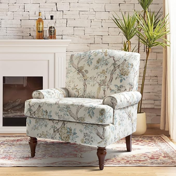 HULALA HOME Accent Chair with Solid Legs & Removable Cushion, Farmhouse Floral Comfy Upholstered Armchair, Leisure Single Sofa Chair for Living Room Bedroom