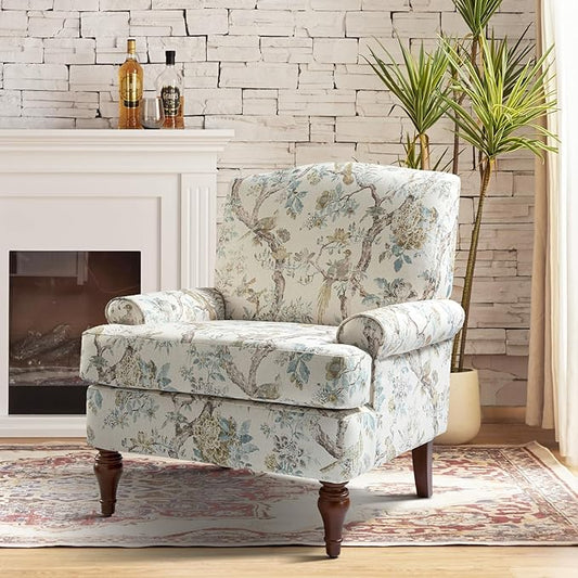 HULALA HOME Accent Chair with Solid Legs & Removable Cushion, Farmhouse Floral Comfy Upholstered Armchair, Leisure Single Sofa Chair for Living Room Bedroom