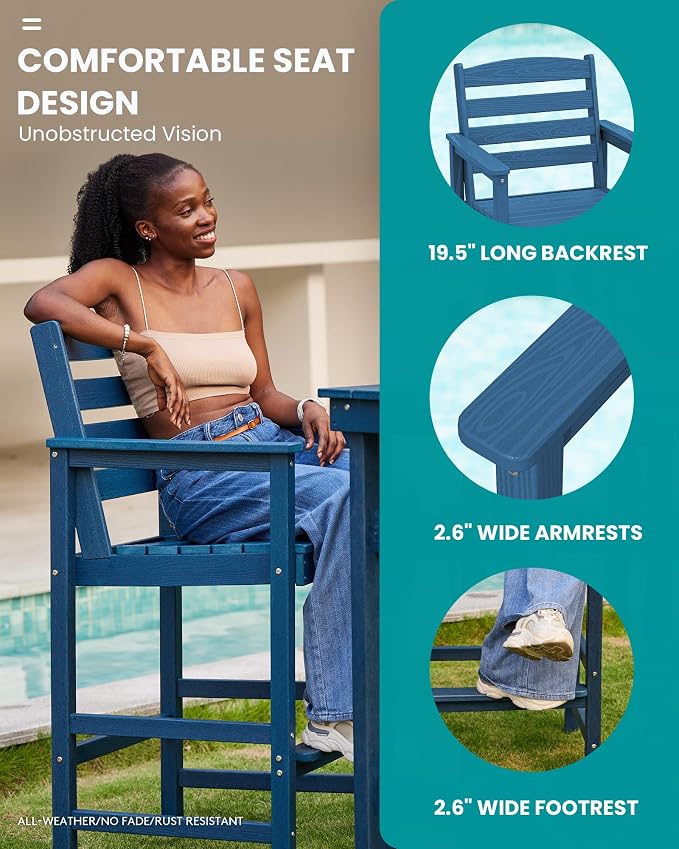 SERWALL Outdoor Bar Table and Chairs Set, Adirondack Bar Chairs Set of 2 and Bar Height Table, All Weather HDPE Patio Bar Set, Outdoor Furniture for Outside, Blue - Image 4