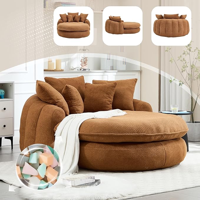 KEIKI 71" Chenille Round Boneless Sofa Couch, Oversized Chaise Lounge Chair Couches Indoor, No Assembly Required Floor Lazy Bean Bag, Modern Sleeper Sofa Bed for Living Guest Room & Bedroom, Brown