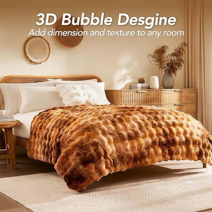 L'AGRATY Faux Fur Throw Blanket: 90" x 90" Luxury Soft Fluffy Thick Rabbit Fur Blankets for Queen Bed Couch - Cozy Plush Bubble Blankets for Home Decor: Warm Flannel Fleece Decorative Blanket