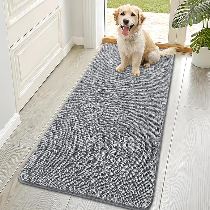 OLANLY Dog Door Mat for Muddy Paws 70x35, Absorbs Moisture and Dirt, Absorbent Non-Slip Washable Doormat, Quick Dry Chenille Mud Mat for Dogs, Entry Indoor Entryway Carpet for Inside Floor, Grey by OLANLY