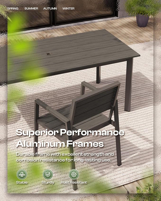 67" Rectangle HDPS Patio Dining Table, Aluminum Outdoor Patio Dining Table with Umbrella Hole, Weather-Resistant for Lawn, Garden, Yard, Poolside and Indoor Use (Gray & Teak) - Image 4