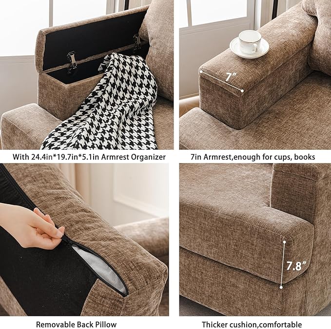 Oversized Accent Chair with Armrest Organizer,Living Room Chairs with 7.8'' Cushion,Upholstered Modern Armchair,Big Reading Chair,Comfy Sofa Chair for Bedroom,Chenille,Brown