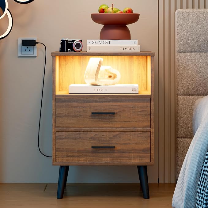 LVSOMT Nightstands Set of 2, Nightstand with Charging Station and USB Ports, Rustic Brown Bedside Table with Open Shelf, Mid Century Modern Nightstand with 2 Drawers, Night Stands for Bedroom - Image 9