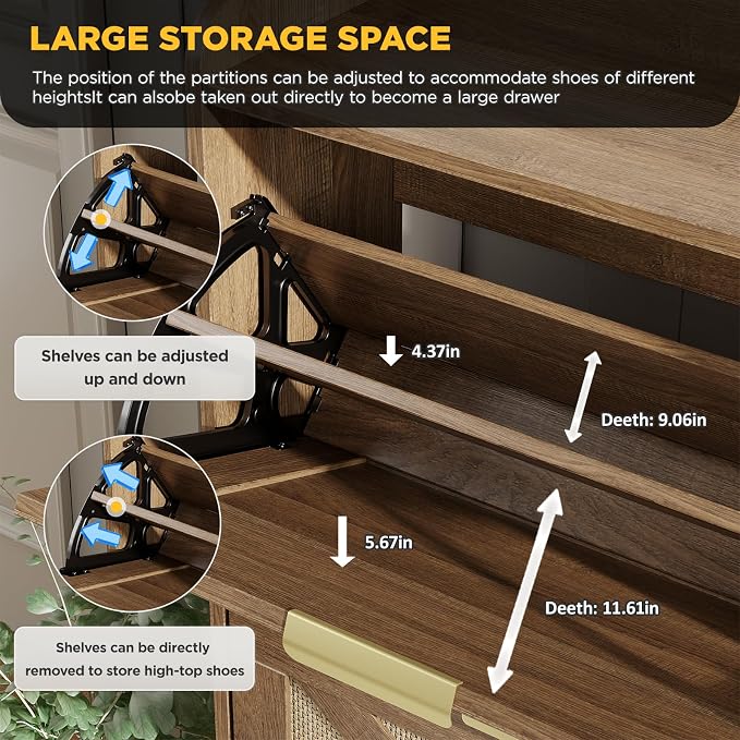 Maupvit Large Shoe Storage Cabinet with 4 Flip Drawers, Narrow Shoe Cabinet for Entryway with Wooden Legs, Freestanding Hidden Shoe Rack Organizer ＆ Metal Hinges, Rustic Oak Rattan - Image 6