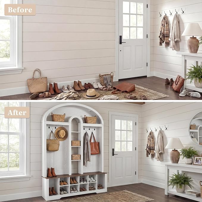 YITAHOME 59" W Hall Tree with Shoe Storage, Arched Entryway Bench with Coat Rack, 10 Shoe Cubbies Shelves & 10 Coat Hooks, Shoe Storage Bench for Entryway Hallway,White - Image 4