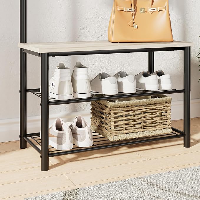 Hall Tree with Bench and Shoe Storage, 3-in-1 Coat Rack, Freestanding Wooden Coat Rack with Shoe Bench with Metal Frame, 3-Tier Storage Shelf and 9 Removable Hooks, Greige - Image 6
