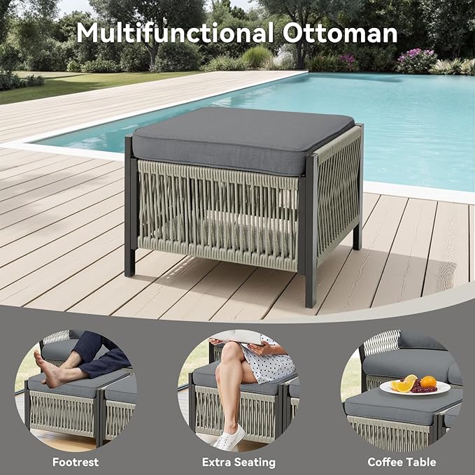 Wicker Outdoor Furniture Set, 7 Piece Patio Conversation Sets, Comfort Swivel Rocker Glider Patio Chairs Set of 2 with Ottoman and Rattan Sofa (Grey)