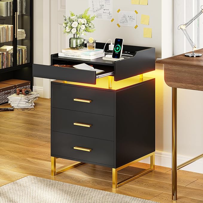 BTHFST LED Nightstand with Charging Station, Night Stand with 3 Drawers and 1 Pull-Out Tray, End Side Table with Storage, Bedside Table with LED Lights & Metal Legs, Black and Gold - Image 7