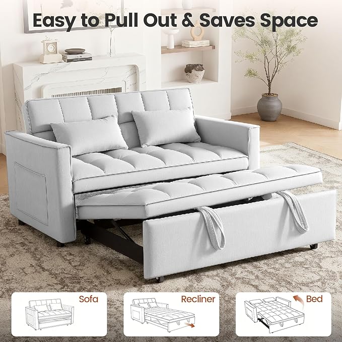 3 in 1 Sofa Bed, Love Seat Sleeper Bed with Side Pockets, Velvet Fabric Pull Out Couch with Adjustable Backrest for Living Room, Bedroom, Apartment,Gray