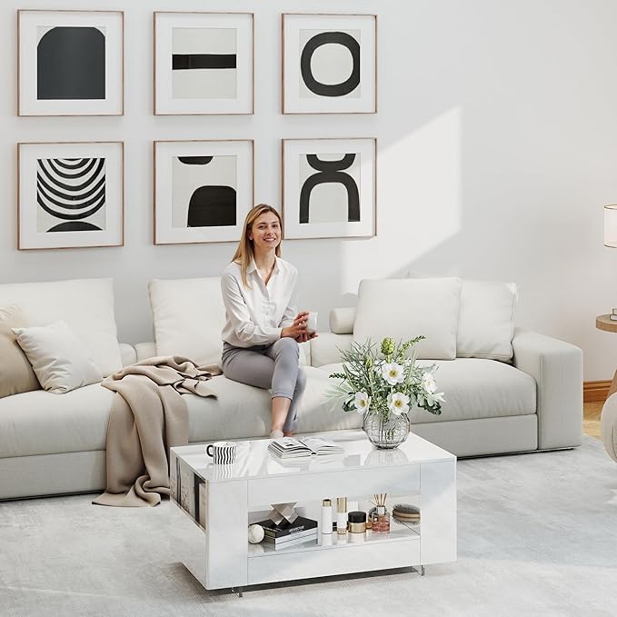 Glossy Coffee Table with Open Shelf Storage - High Gloss Modern Cocktail Table for Living Room, Bedroom, Office