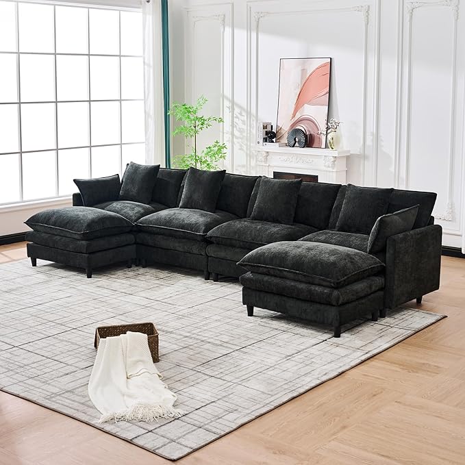 Eafurn 141" Oversized Modular Sectional Sofa with Movable Ottoman, 6 Seater Modern Chenille Reversible Sofa Set, Large Convertible U Shaped Couch for Living Room Apartment