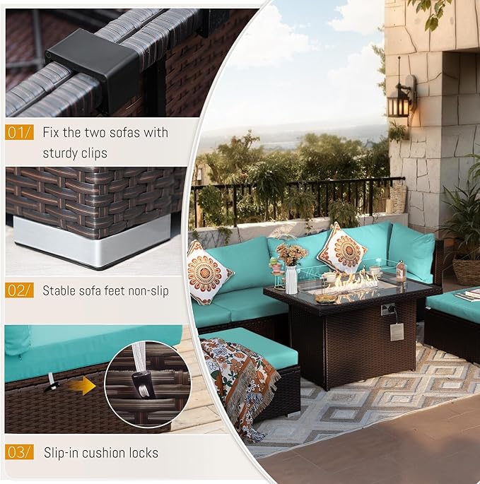 BULEXYARD 7 Pcs High Back Patio Furniture Set with Fire Pit Table Propane/Natural Gas Dual Fuel, Heavy Duty Outdoor Sectional Couch, XL Comfy Backyard Seating for Exterior, Brown Wicker & Teal Cushion