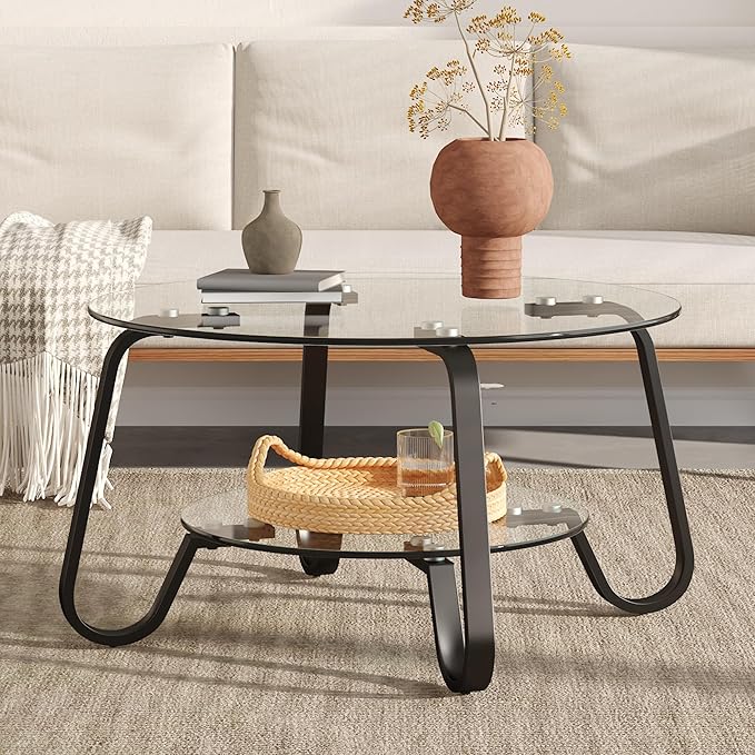 Glass Round Coffee Table for Living Room, 31.5 Inch Tempered Glass Top & Sturdy Metal Frame with Storage Shelf, Modern Small Center Table with 200lb Capacity, Quick & Easy Assembly
