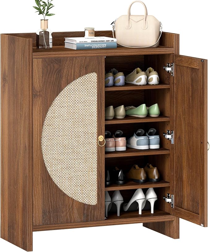Shoe Cabinet Storage for Entryway - Rattan Entry Way Shoe Storage Cabinet with Adjustable Shelves, Wood Shoe Organizer Cabinet, Accent Cabinet with Doors for Entrance Hallway Living Room Foyer - Image 9