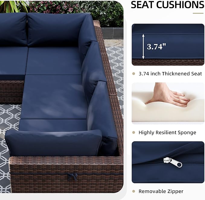 UPHA 5 Pieces Patio Furniture Sets, Wicker Outdoor Sectional Sofa Couch with Coffee Table, Patio Conversation Set for Deck Backyard Garden, Brown Rattan, Navy Blue Cushion