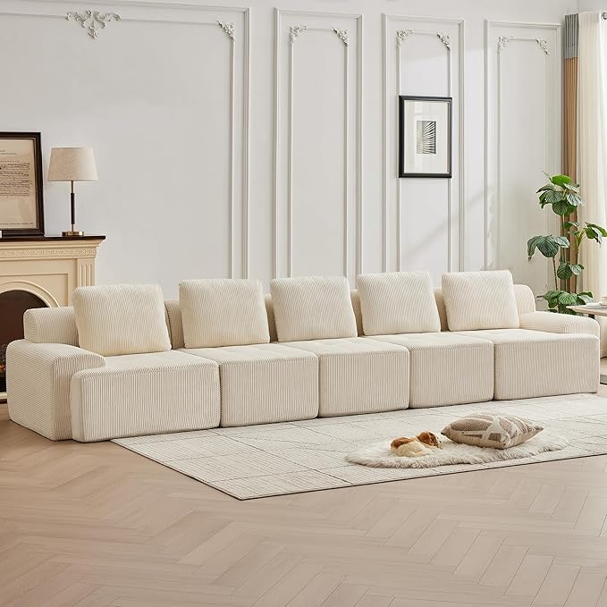 Modular Sectional Sofa with Movable Ottoman, 5 Seat Deep Seat Couch with 5 Pillows, Comfy Cloud Sectional Sofa for Living Room, Bedroom and Apartment (White, 1 Left+1 Right+3 Middle)