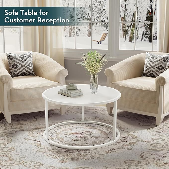 SAYGOER Small Round Coffee Table, White Coffee Tables for Living Room, Modern Center Table for Small Space Home Office Gardern, 27.6 × 27.6 × 17.7inch, White