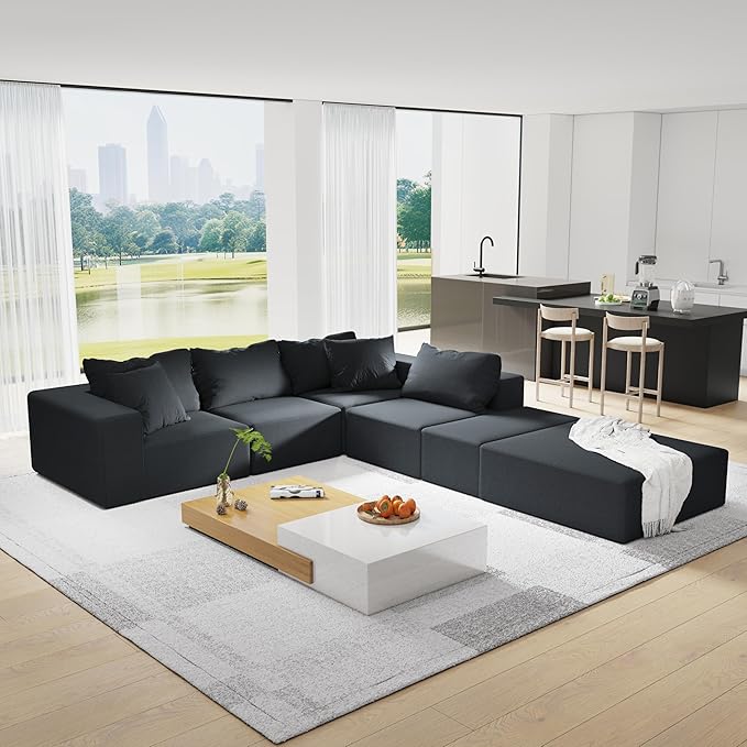 KEIKI Sectional Sofa Couch Set, Modular 132" L Shaped Couch Set with 6 Pillows, Free Combination Upholstered Sofa Couch for Living Room, Bedroom, Black