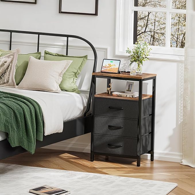 Huuger Nightstands Set of 2, 27.6 Inch End Tables with Charging Station, Fabric Drawers, Bedside Tables with USB-C Port and Outlet, Night Stands for Bedroom, Rustic Brown and Black - Image 2